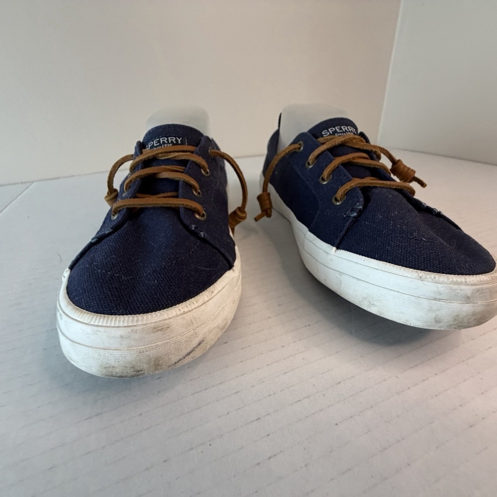 Sperry Blue Canvas Boat Shoes Memory Foam Leather Laces Women's Size 8.5W - Picture 2 of 11